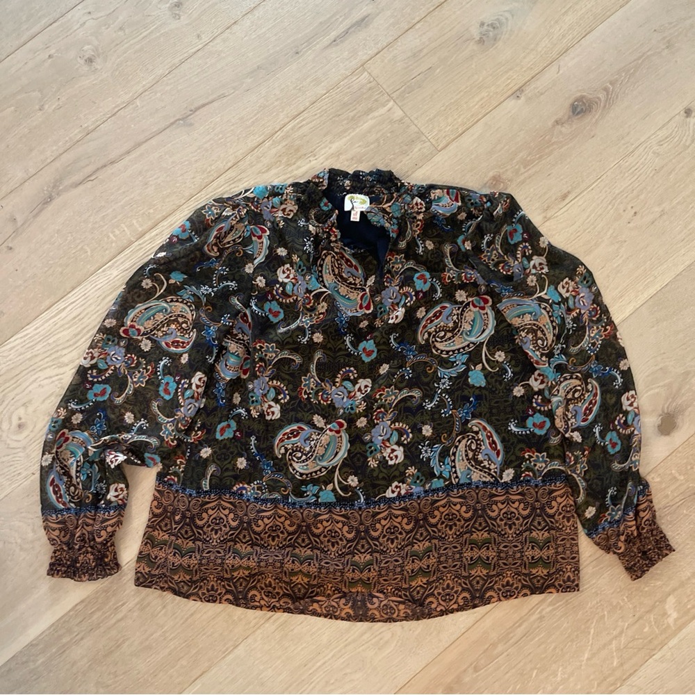 fig and flower by Anthropologie Paisley Button  Blouse - Black, Teal & Brown